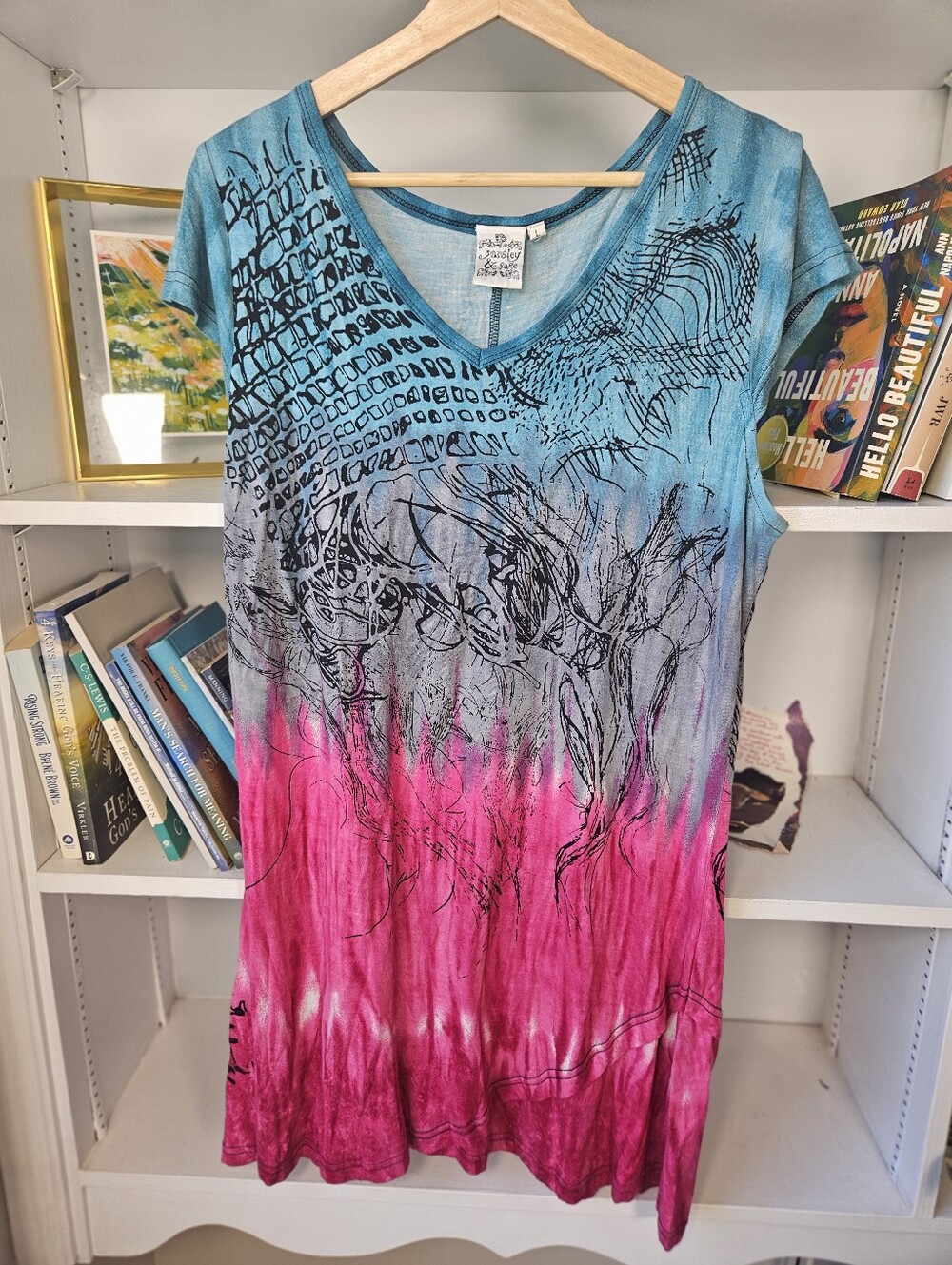 Parsley & Sage Boho V-Neck Tie-Dye Tunic Top Blue and Pink Large Artsy Lagelook